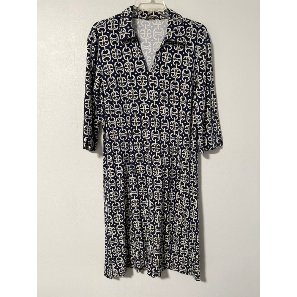 J.McLaughlin Navy Blue Cream Chain Link Soft Knit V-Neck Women's Shift Dress XL
